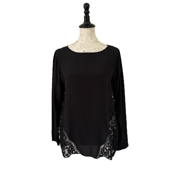 CLUB MONACO Women's 100% Silk Black Long-Sleeve Blouse‎ MED Lace Detail Shirt - Picture 1 of 14
